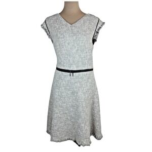 Rebecca Taylor Tweed Dress Womens Sz 10 Cream Black Zip  Fringe Modern Classic